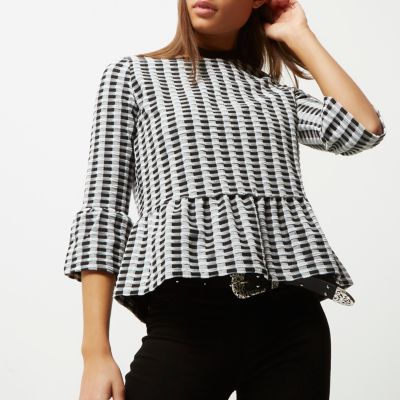 Black and white gingham frill top